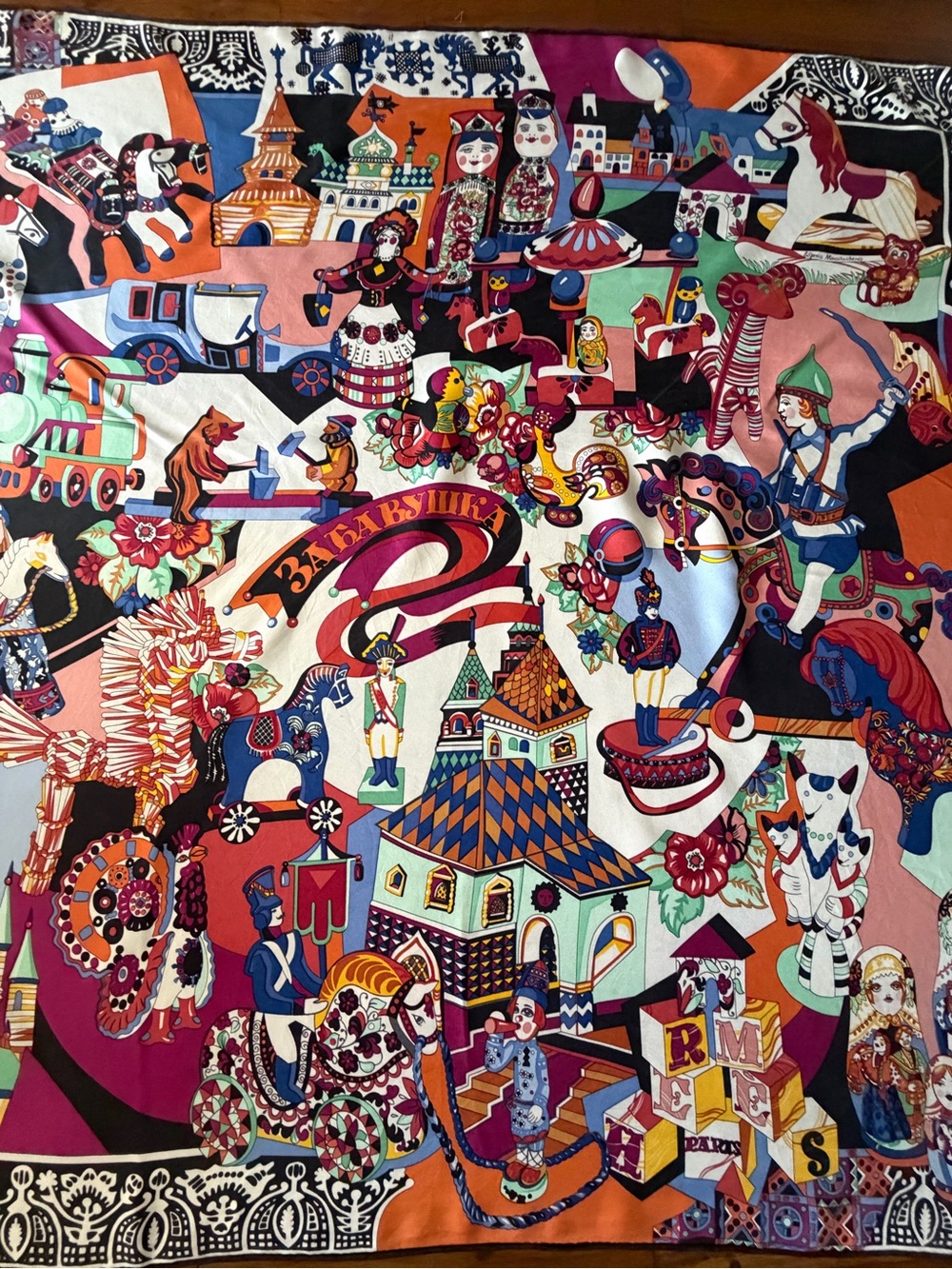 Hermes Zavavushka Colorful Russian Folk Print Silk Scarf.